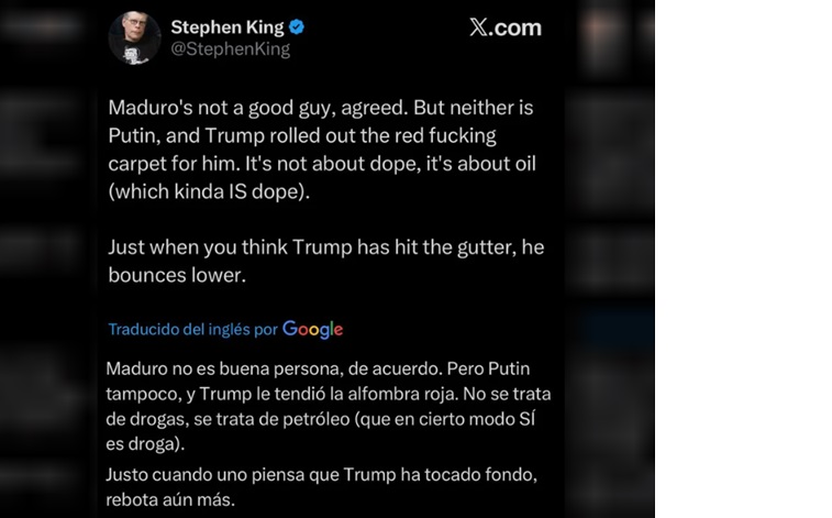 Captura de la publicaci&oacute;n de Stephen King en su cuenta de X.<br/>
Agencia NA