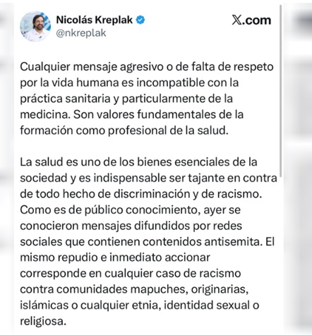 El posteo de Kreplak. <br/>
(Foto: NA)