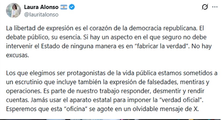 El posteo de Laura Alonso. (Foto: Captura NA)