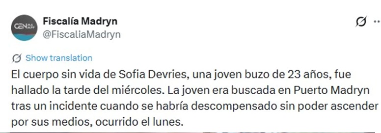 <br/>
El comunicado de la Fiscal&iacute;a de Puerto Madryn. Foto: Agencia NA (X)