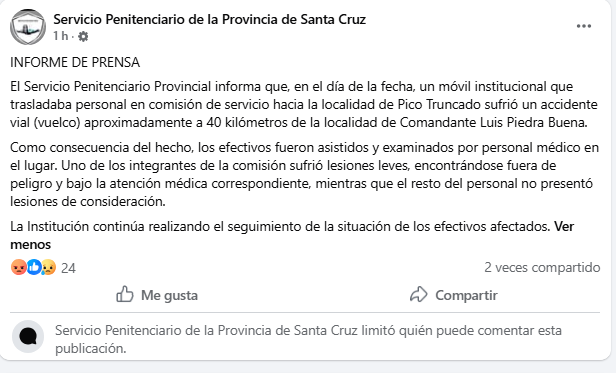 Posteo en la red social facebook del Servicio Penitenciario Provincial.